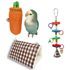 Reef Parrot Conure Quaker 牡丹床中間 + 胡蘿蔔芽玩具 + Biznara Bellflower 套組 3, 格子棕色（床）, 1套
