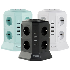 TELLO 스마트 서지 보호 PA66 고용량 과부하차단 USB 타워 멀티탭 12구, 2m, 블랙, 1개