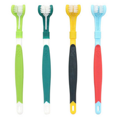 寵物貓咪3頭牙刷 4種組 17.5*2.5cm, 綠色、藍綠色、黃色、天藍色, 1套