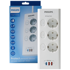 필립스 맥스 서지보호멀티탭 고용량 개별스위치 고속충전, 1개, 화이트 3구 CHP6732WA, 2m