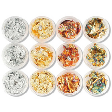 Jello Jello Gel Nail 豪華珍珠母貝金箔銀箔金屬箔指甲閃光基本套組 12, 1組, 混色