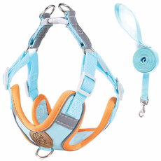 Meongyang 寵物夜間反光安全胸背帶 + 牽繩套組, 藍色