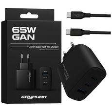 GRYPHON GaN 65W 멀티 충전기 3포트 PD PPS 초고속 C타입 노트북 충전 케이블 포함, 1개, 블랙