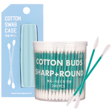 URBAN LEAVES 便攜式棉花棒盒 天空藍+棉花棒 圓頭 尖頭 200入, 1套