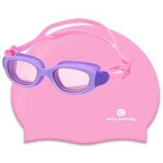 킵스위밍 초등 유아동 주니어 생존수영 수경+수모 세트, 수경:라벤더+수모:핑크, 1개