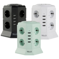 TELLO 스마트 서지 보호 PA66 고용량 과부하차단 USB 타워 멀티탭 12구, 2m, 블랙, 1개