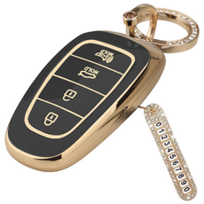 키에티 현대 호환 더뉴그랜저 쏘나타DN8 4버튼 TPU 엣지 키케이스 + 큐빅번호판, 골드_블랙