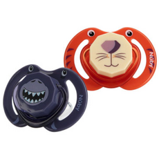 Nuby 動物造型安撫奶嘴, 鯊魚款+老虎款, 0~6個月, 2入