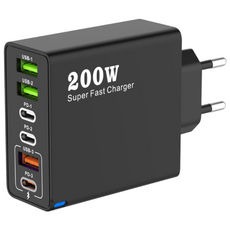 200W 접지 초고속 충전기 6포트 3USB+3PD 적용애플 아이폰 아이패드 삼성 갤럭시 픽셀 고속 전원 어댑터, 1개, 블랙