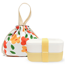 온다온 도시락통 밤부 직장인 전자레인지 런치박스 + 패턴 보온보냉백 세트, 옐로우+플라워, 1세트