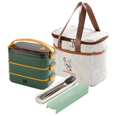 직장인 스텐 도시락 대용량 학생 도시락 다단 프리 코디 피크닉 보온 런치박스, 1세트, 짙은 녹색(3단)