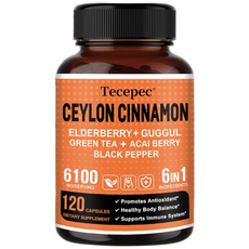 실론 계피 캡슐 - 6 in 1 1회 ​​제공량당 6100mg - 관절 및 뼈 지원 심장 건강 에너지 강화 면역 지원 항산화제 체중 관리에 도움, 120정