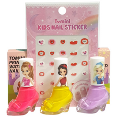 Tomini 孩童公主水性指甲油+美甲貼紙 隨機出貨, DS款(紫色+黃色+櫻桃粉), 1組