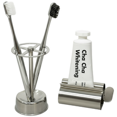 Ovea 오베아 욕실 인테리어 깔끔한 스텐 칫솔 치약 홀더 거치대 압착기 SET, 1개, 스텐 칫솔홀더 + 치약 소형압착기