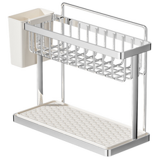 호밍사이 스텐 2단 물빠짐 컵거치대 주방 싱크대 컵걸이 트레이, 1개, 실버