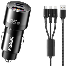 Essager 45W 3포트 듀얼 C타입+USB A타입 차량용 시거잭 자동차 고속 충전기 3-1 100W C타입 고속 충전 케이블 보함, 블랙