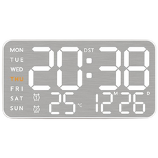 니녹 디지털 무소음 LED 시계 요일 온도 날짜 알람 벽걸이 탁상 겸용 시계, 화이트