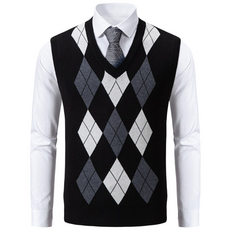 ZZL 남성 니트 조끼 V넥 니트 스웨터 조끼 빈티지 다이아몬드 체크 유럽풍 Men's Sweater Vest