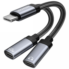 Essager PD 60W C타입 마이크 이어폰 고속 충전 듀얼 젠더 3.5mm/C타입 연결 잭, 1개