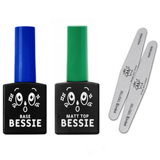 BESSIE 底膠 + 霧面上層膠 + 斑馬紋磨甲棒 2入組, 底膠, 霧面上層膠, 斑馬紋磨甲棒(100/150), 1套