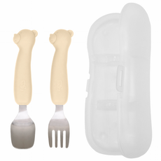 티지엠 곰돌이 캐릭터 실리콘 스테인리스 이유식 스푼&포크 세트 쁘띠 에디션, 베이지, 1세트