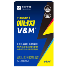 한미양행 에너지 부스터 V&M 식약처 20가지 복합 아르기닌 타우린 파워 기능성 액티브 힘내세요 복합 멀티비타민 & 미네랄 파우더 분말, 2박스, 30회분