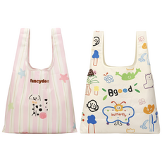 1+1 초경량(30g) 접이식 귀요미 장바구니, 1세트, 강아지핑크,나비화이트