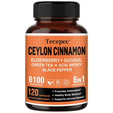 실론 계피 캡슐 - 6 in 1 1회 ​​제공량당 6100mg - 관절 및 뼈 지원 심장 건강 에너지 강화 면역 지원 항산화제 체중 관리에 도움, 60정