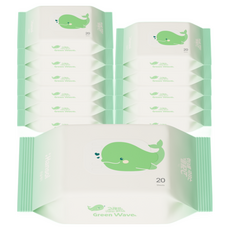고래를 구하는 물티슈 두꺼운 생분해 제로플라스틱 아기 물티슈 그린웨이브 휴대형, 12개, 20매, 70g