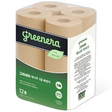 그리네라 먼지없는 깨끗한 무표백 무형광 뱀부 퓨어 대나무화장지 3겹, 1개, 12롤, 27m