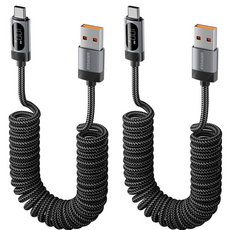 ESSAGER USB 코일 C타입 고속충전 케이블 PD 100W 차량용 케이블 보조배터리 케이블 2개입, 블랙, 2개, 1.8m