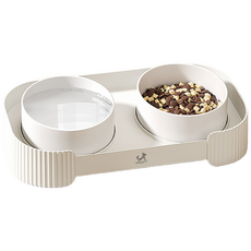 DING DONG PET 寵物奶油色陶瓷雙碗餐具, 1個, 白色