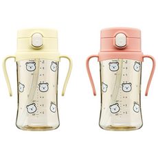 아키움 패턴 디자인 유아빨대컵 아이컵 2종세트, 1개, 레몬+핑크