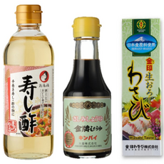 오타후쿠 스시스+다이쇼 사시미 간장+ 와사비 세트 - 스시 초밥 단촛물 배합초 초대리 식초 양념 소스 회간장 쇼유, 1세트