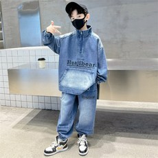 비비키드 주니어 의류 상하복 청 세트 주니어 남아 봄 가을 긴팔티 긴바지 초등생 초중생 캐쥬얼 데님세트 추리닝 (605)
