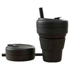 퓨어미즈키 접이식 실리콘 텀블러 그란데 빨대 포함, 1개, 470ml, 블랙
