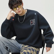 LOKEXING 맨투맨 긴팔티 무지 라운드 티셔츠 데일리 오버핏 심플 자수 패턴 맨투맨 캐주얼 남녀 공용