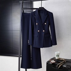 ROYALBELLE 여성 수트 세트 허리라인 슬림핏 긴팔 정장 자켓 + 와이드 팬츠 오피스 비즈니스 투피스 D01012813