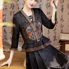 ORZQU 여름 여자 봄 가을 프릴 패치 아우터 버튼 자수 칠부 소매 개량한복