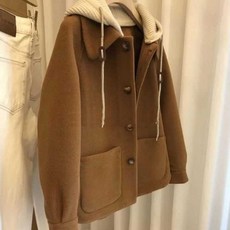 ORZQU 여성 추동 후드 모직 코트 작은 키 쇼트 도톰 코트