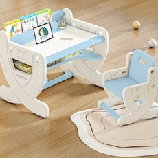 BESTAR 유아 아기 책상 의자 + 화이트보드 + 4단계 높이 각도 조절 + 책꽂이, 파란색