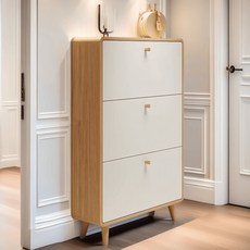 (무료 설치) 슬림 신발장 현관 신발장 신발수납정리대 폴딩형 미니신발장 XG-520A, 3단, 원목+화이트-50*24*120CM