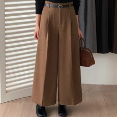 [#sml#울함유#벨트포함]가을 겨울 여성 핀턱 와이드 울 슬랙스