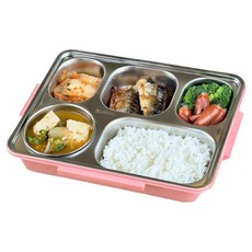 스텐 5칸 런치박스 수저 set 도시락통 전자레인지 가능, 1개, 핑크
