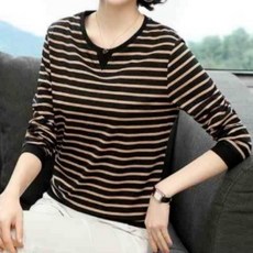 로루아 빅사이즈 여성 스트라이프 심플 라운드 맨투맨 긴팔 티셔츠