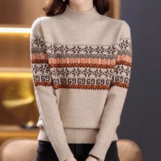 나바바 NK3516 여성 데일리 노르딕 패턴 포인트 반폴라 긴팔 니트티