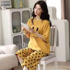 스타일아유 여성 파자마 반팔 7부 팬츠 라운드 프린트 루즈핏 홈웨어 잠옷 상하세트 SE1364