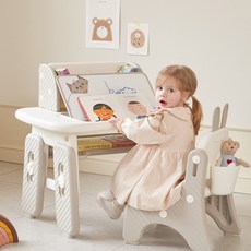 베네베네 쁘띠 래빗 유아 아기 책상 의자 + 화이트보드 + 4단계 높이 각도 조절 + 책꽂이, 화이트 그레이