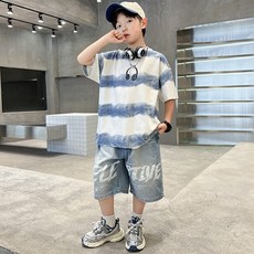 비비키드 주니어 상의 하의 세트 남아 헤드셋 그림 포인트 데님 반바지 여름 세트 초중생 반팔티 초등생 상하세트 (2501)