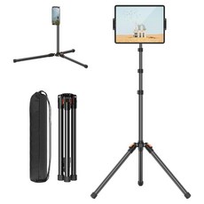 180cm 높이조절 접이식 태블릿 삼각대 + 360도 회전 클램프 13인치 아이패드 갤럭시탭 호환 파우치 포함 장대형 스탠드, 블랙